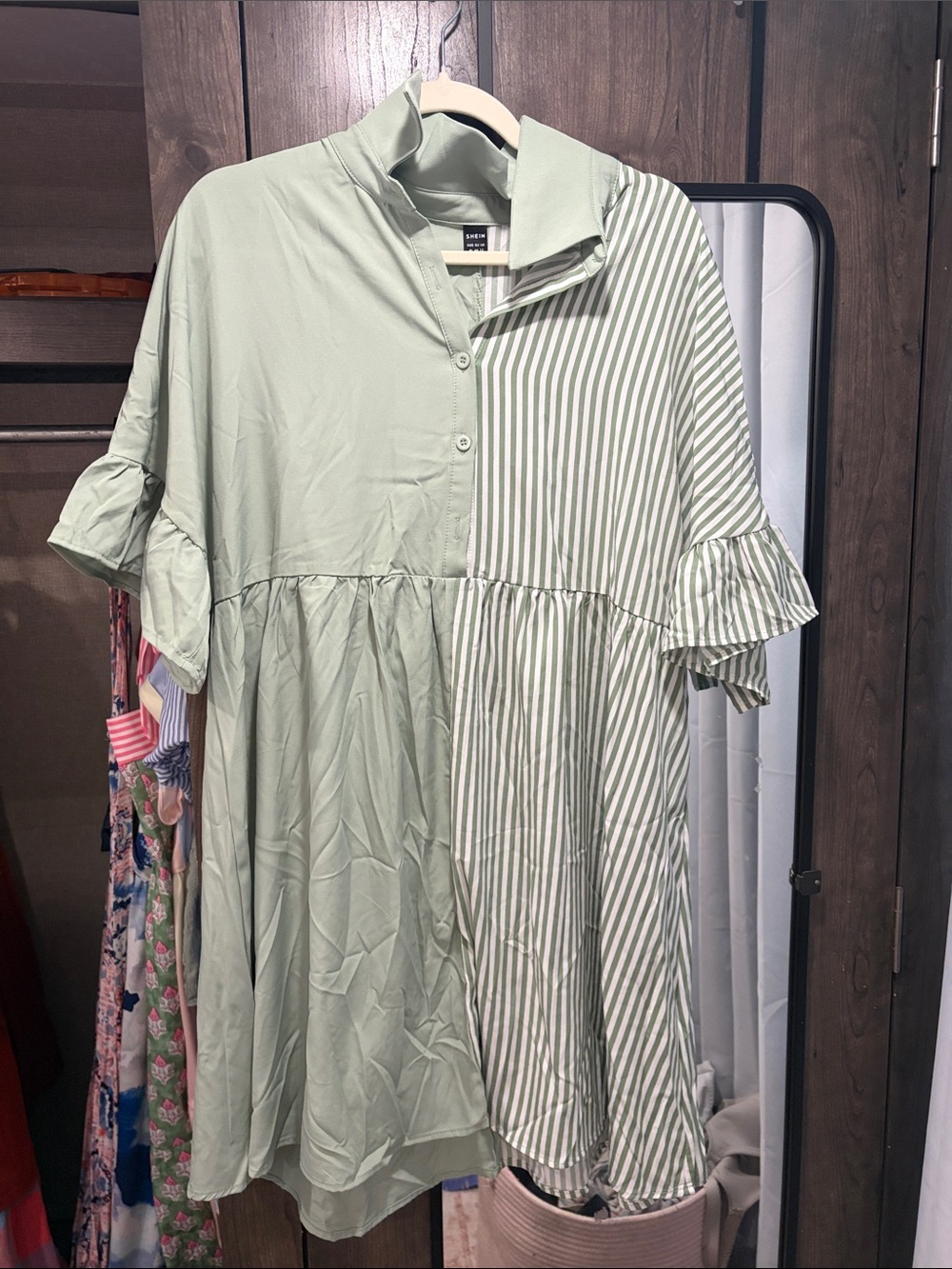 Pleated Half-Stripe Ruffle Sleeve Dress - Sage Green